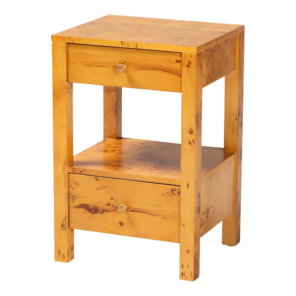 Modern and Contemporary Natural Light Mappa Real Burl Wood 2-Drawer Nightstand. Picture 1