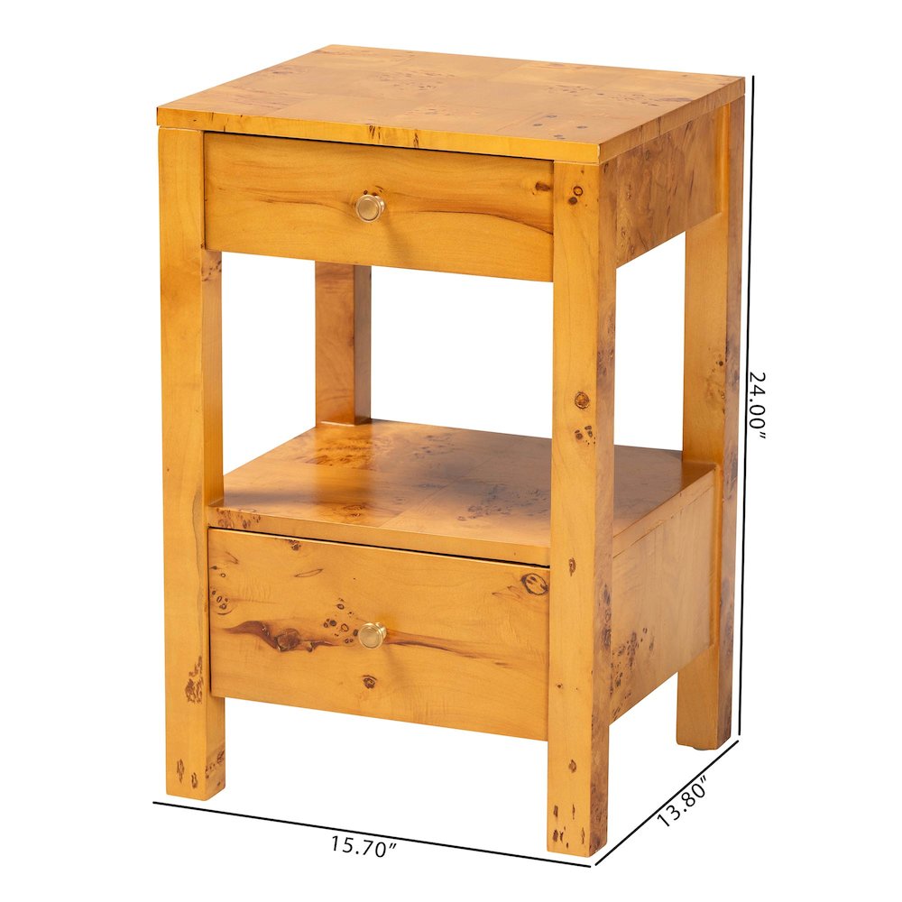 Modern and Contemporary Natural Light Mappa Real Burl Wood 2-Drawer Nightstand. Picture 10