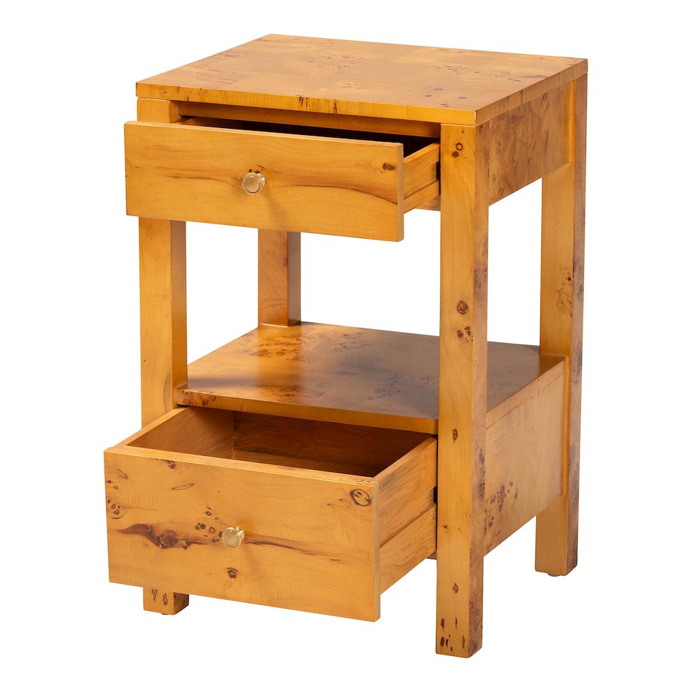 Modern and Contemporary Natural Light Mappa Real Burl Wood 2-Drawer Nightstand. Picture 2