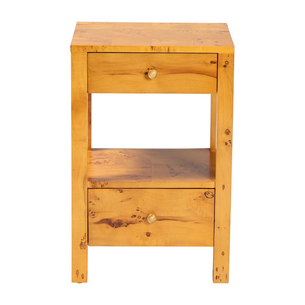 Modern and Contemporary Natural Light Mappa Real Burl Wood 2-Drawer Nightstand. Picture 3