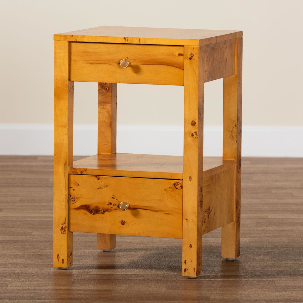 Modern and Contemporary Natural Light Mappa Real Burl Wood 2-Drawer Nightstand. Picture 9