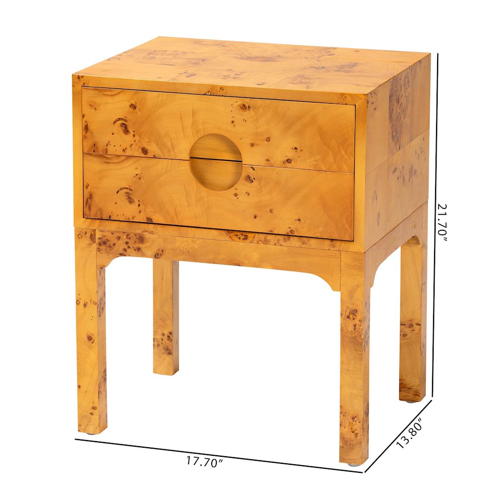 Modern and Contemporary Natural Light Mappa Real Burl Wood 2-Drawer Nightstand. Picture 10