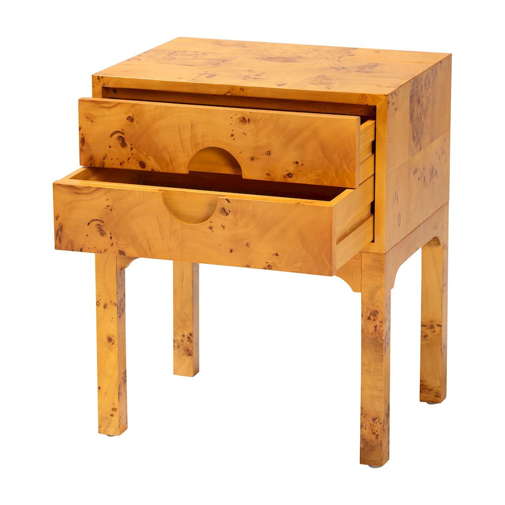 Modern and Contemporary Natural Light Mappa Real Burl Wood 2-Drawer Nightstand. Picture 2
