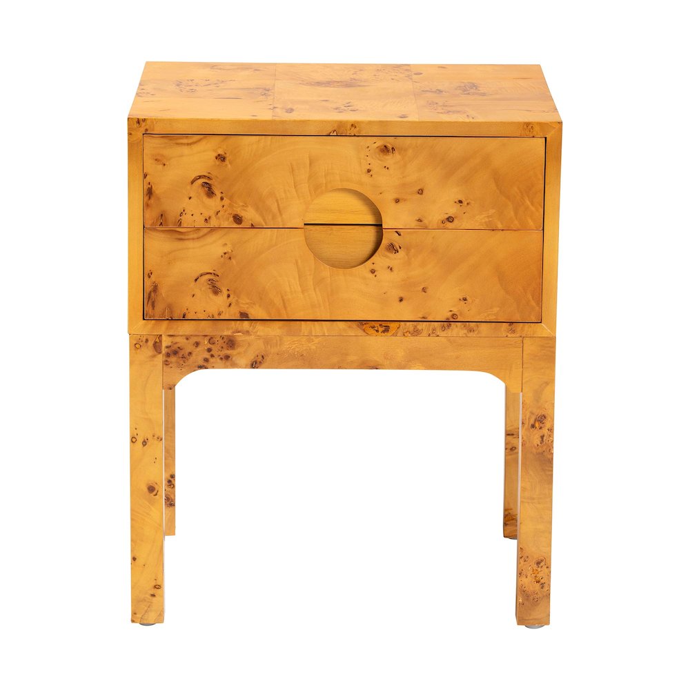 Modern and Contemporary Natural Light Mappa Real Burl Wood 2-Drawer Nightstand. Picture 3