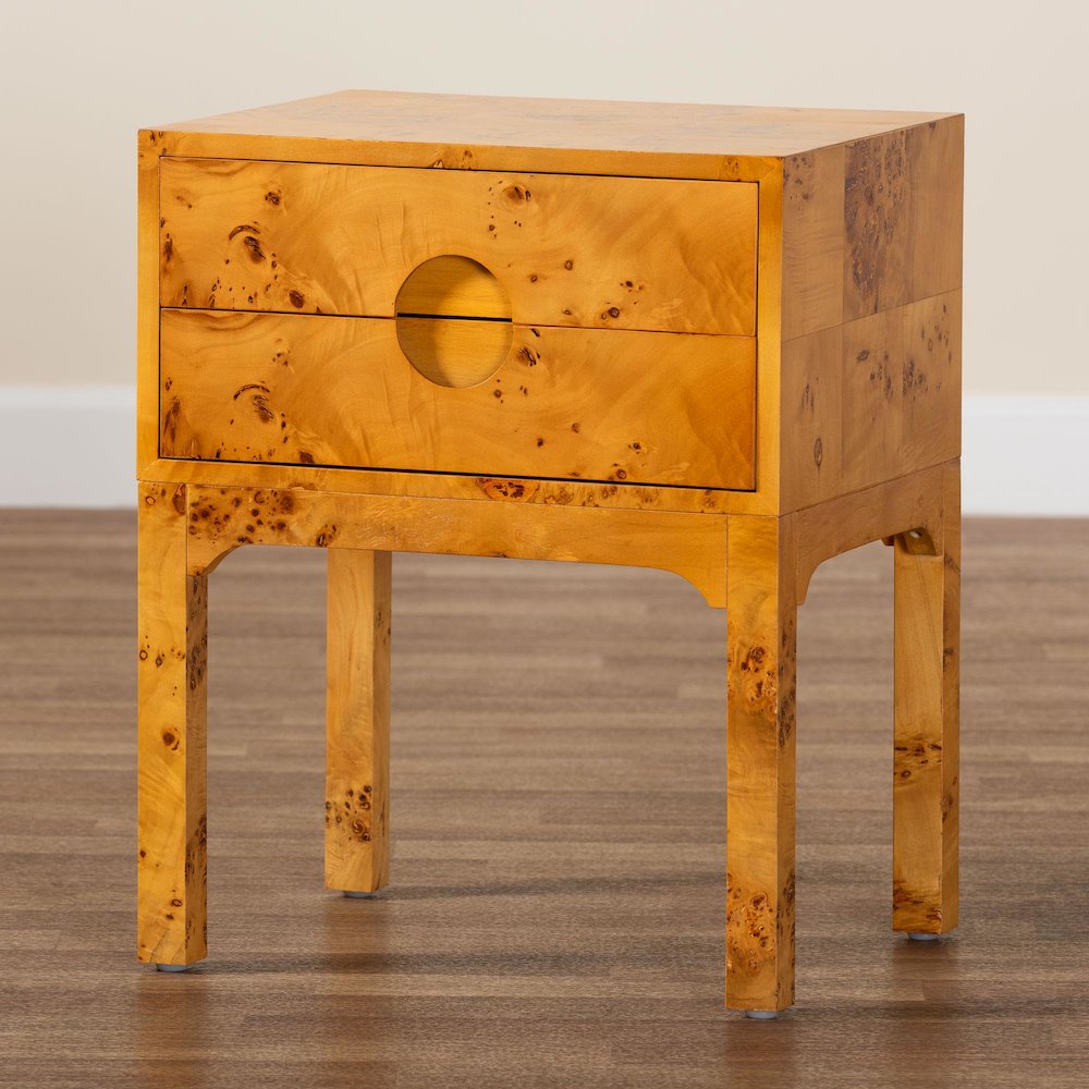 Modern and Contemporary Natural Light Mappa Real Burl Wood 2-Drawer Nightstand. Picture 9