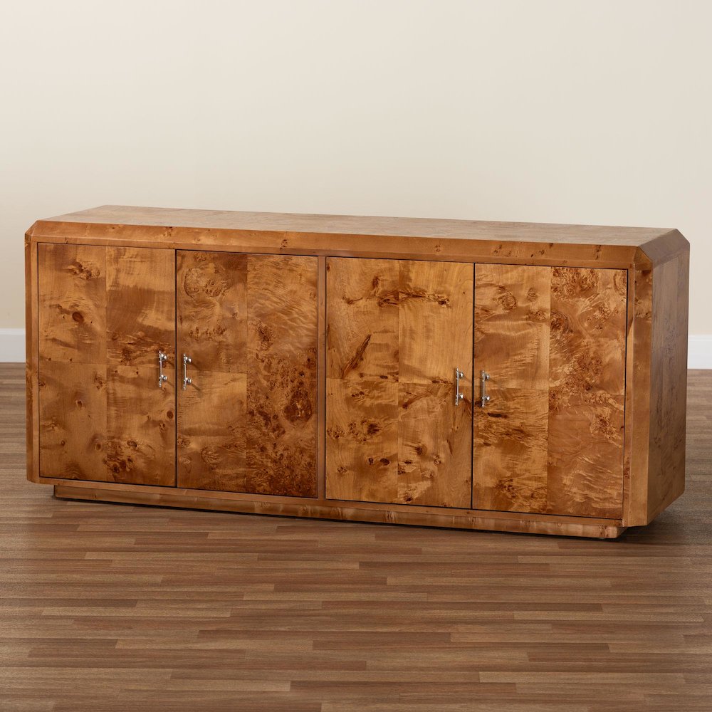 Modern and Contemporary Natural Mappa Real Burl Wood 4-Door Sideboard Buffet. Picture 8