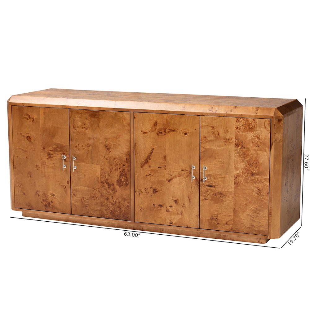 Modern and Contemporary Natural Mappa Real Burl Wood 4-Door Sideboard Buffet. Picture 10
