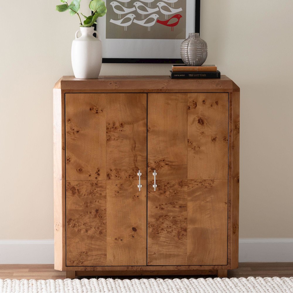 Modern and Contemporary Natural Mappa Real Burl Wood 2-Door Console Cabinet. Picture 7