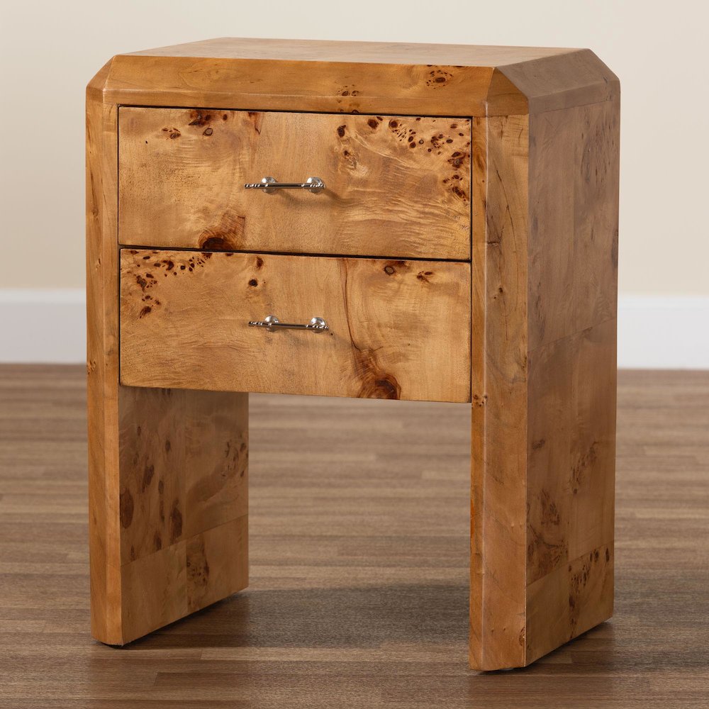 Nebu Modern and Contemporary Natural Mappa Real Burl Wood Nightstand. Picture 9