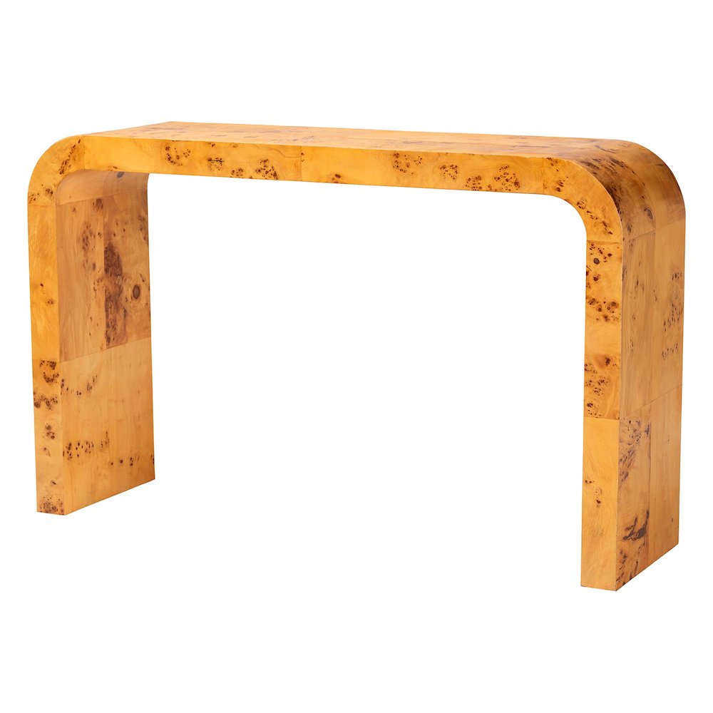 Revelle Modern and Contemporary Natural Light Mappa Real Burl Wood Console Table. Picture 1