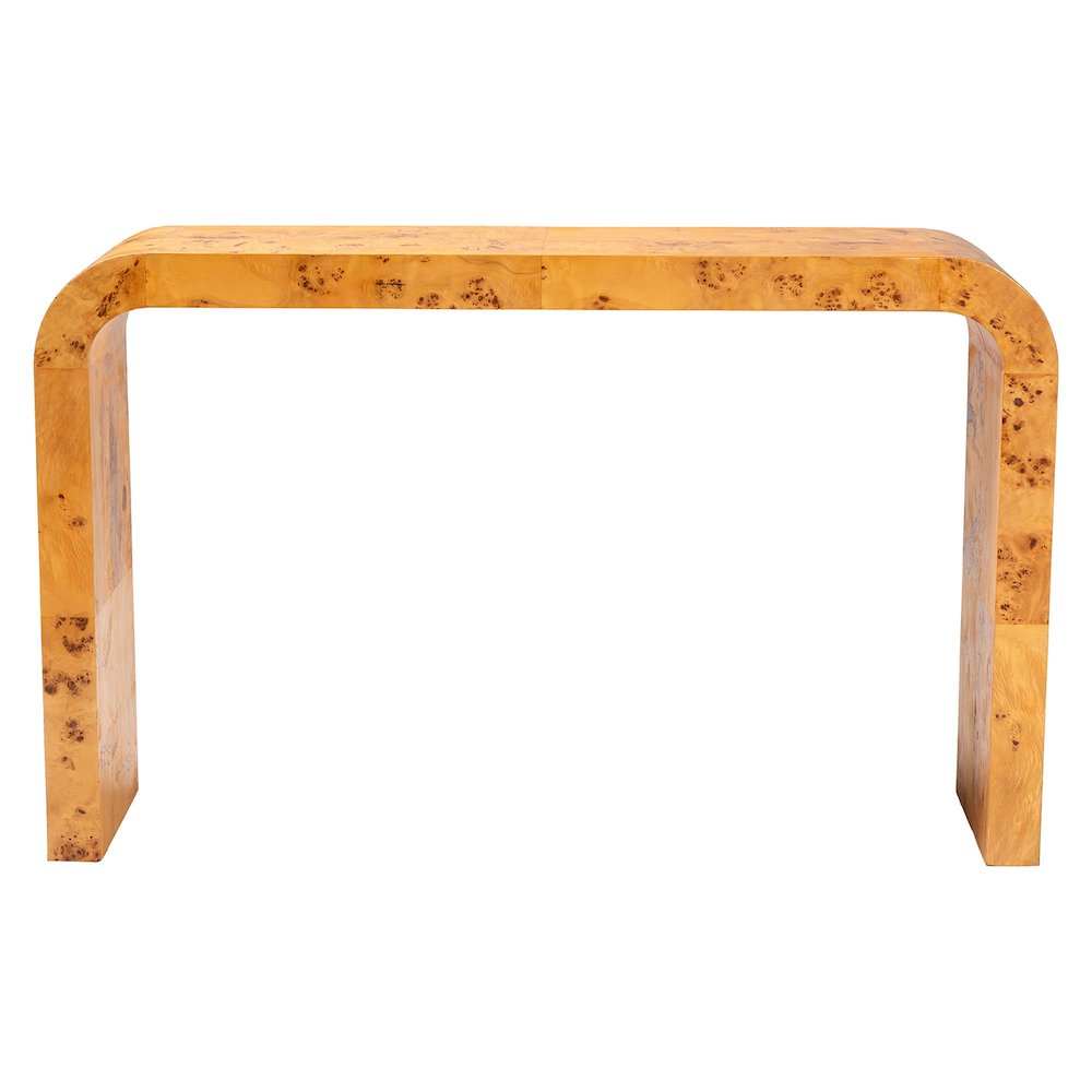 Revelle Modern and Contemporary Natural Light Mappa Real Burl Wood Console Table. Picture 2