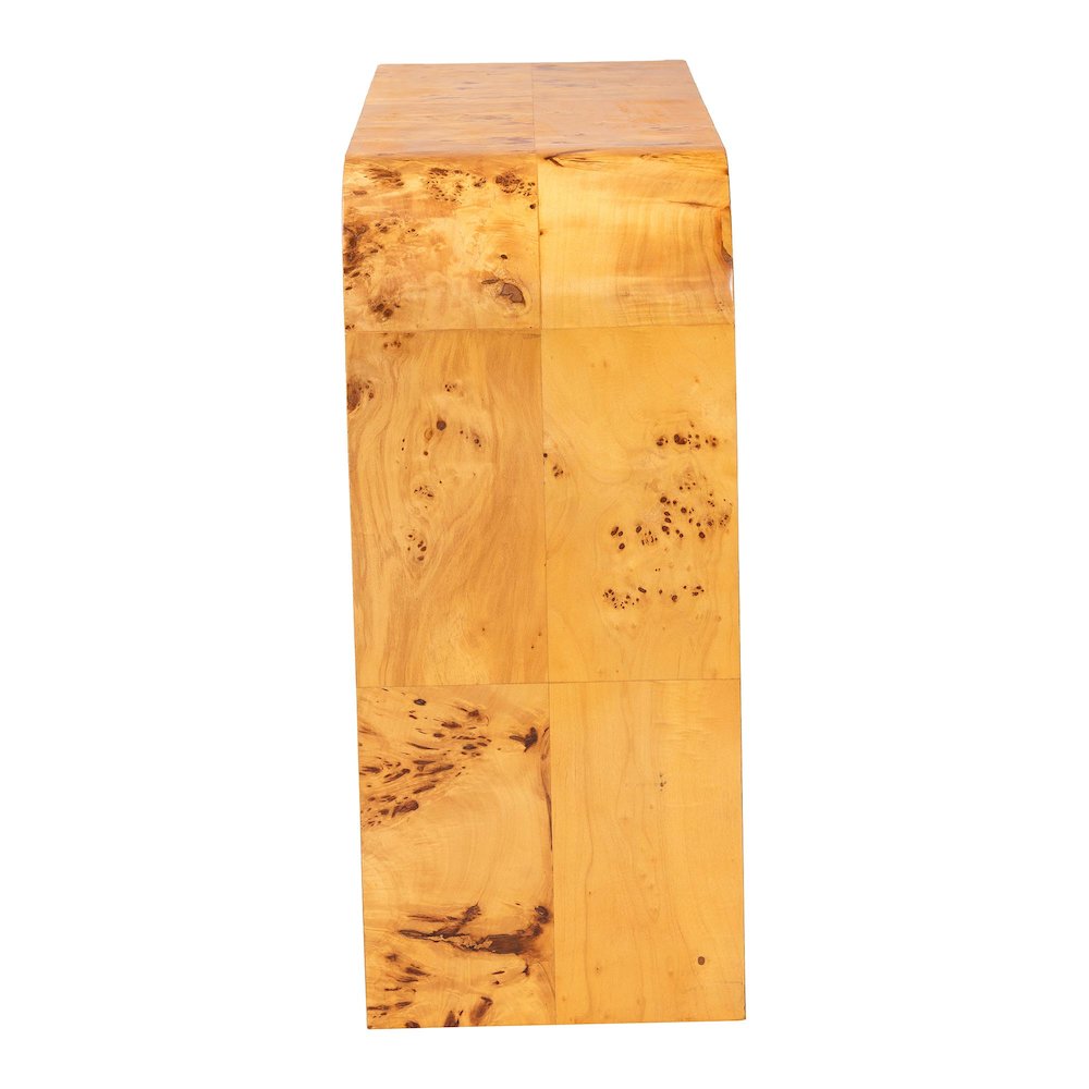 Revelle Modern and Contemporary Natural Light Mappa Real Burl Wood Console Table. Picture 3