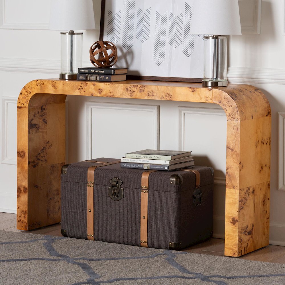 Revelle Modern and Contemporary Natural Light Mappa Real Burl Wood Console Table. Picture 6