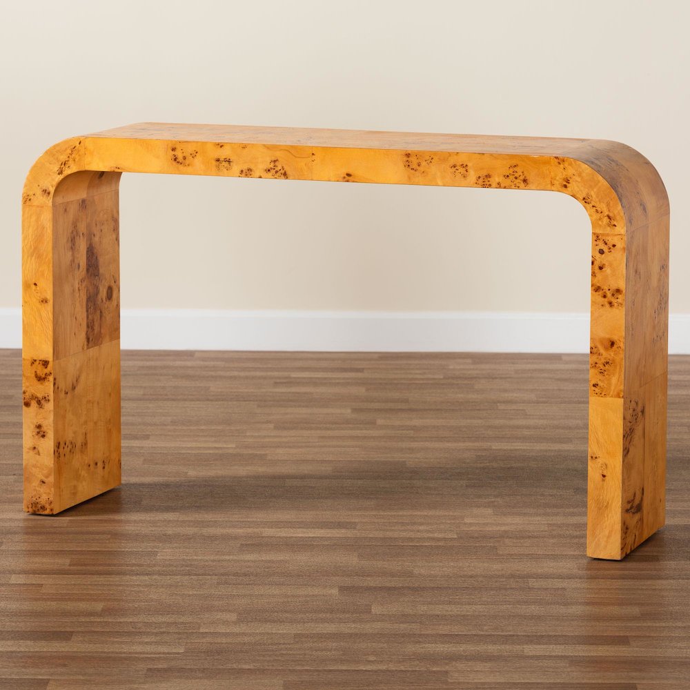 Revelle Modern and Contemporary Natural Light Mappa Real Burl Wood Console Table. Picture 7