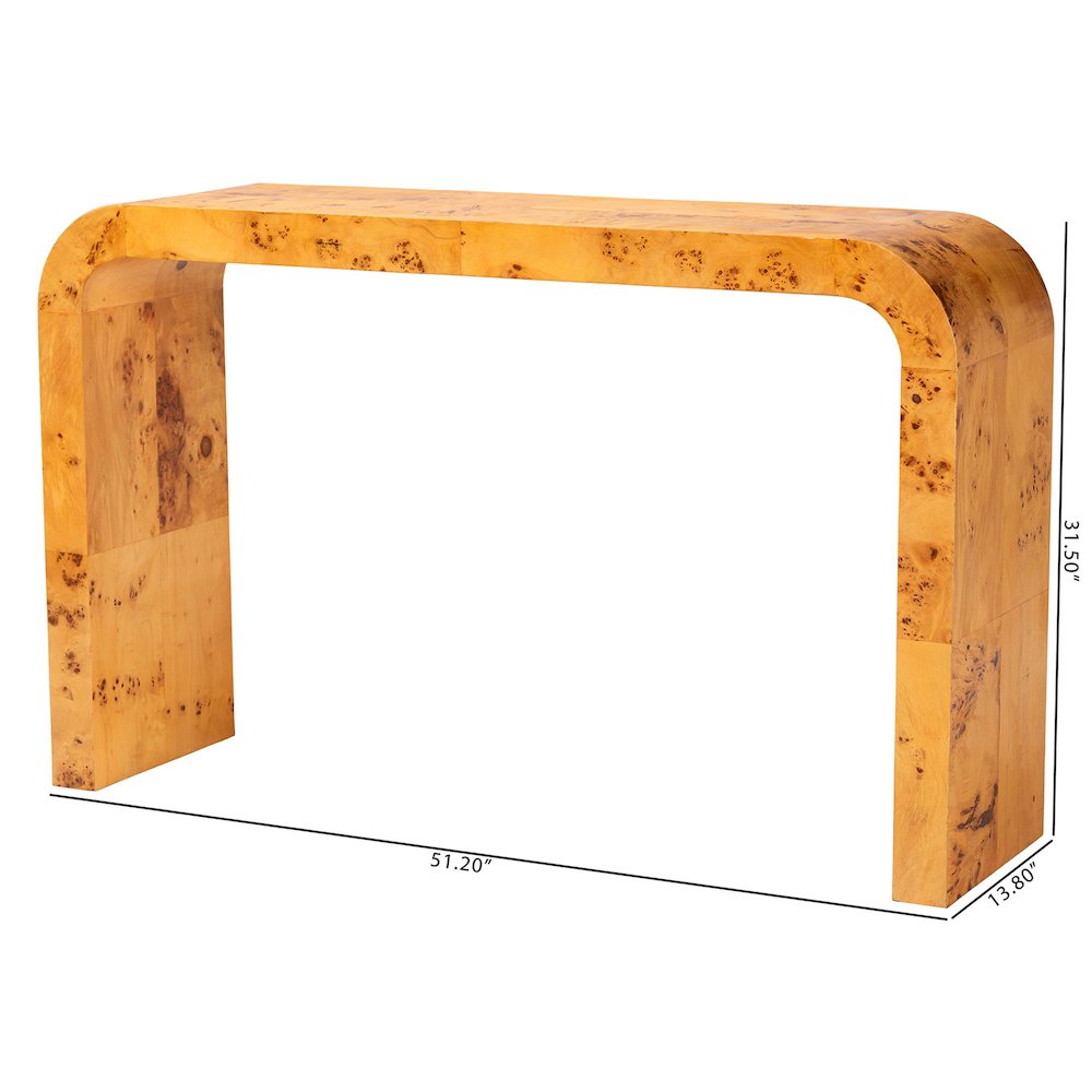 Revelle Modern and Contemporary Natural Light Mappa Real Burl Wood Console Table. Picture 8