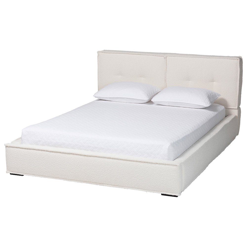 Laverick Modern Cream Boucle Queen Platform Bed with Border Piping. Picture 1