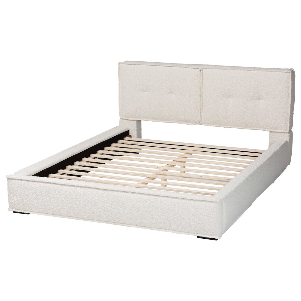 Laverick Modern Cream Boucle Queen Platform Bed with Border Piping. Picture 3