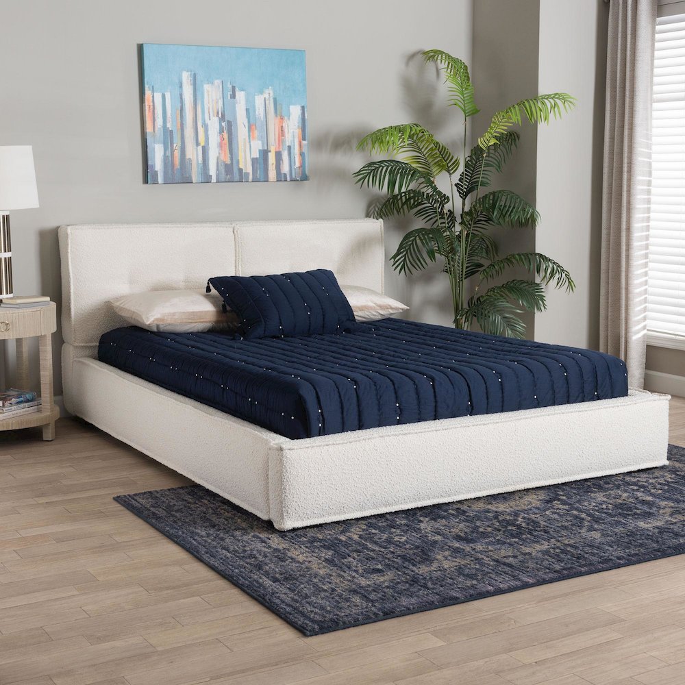 Laverick Modern Cream Boucle Queen Platform Bed with Border Piping. Picture 7