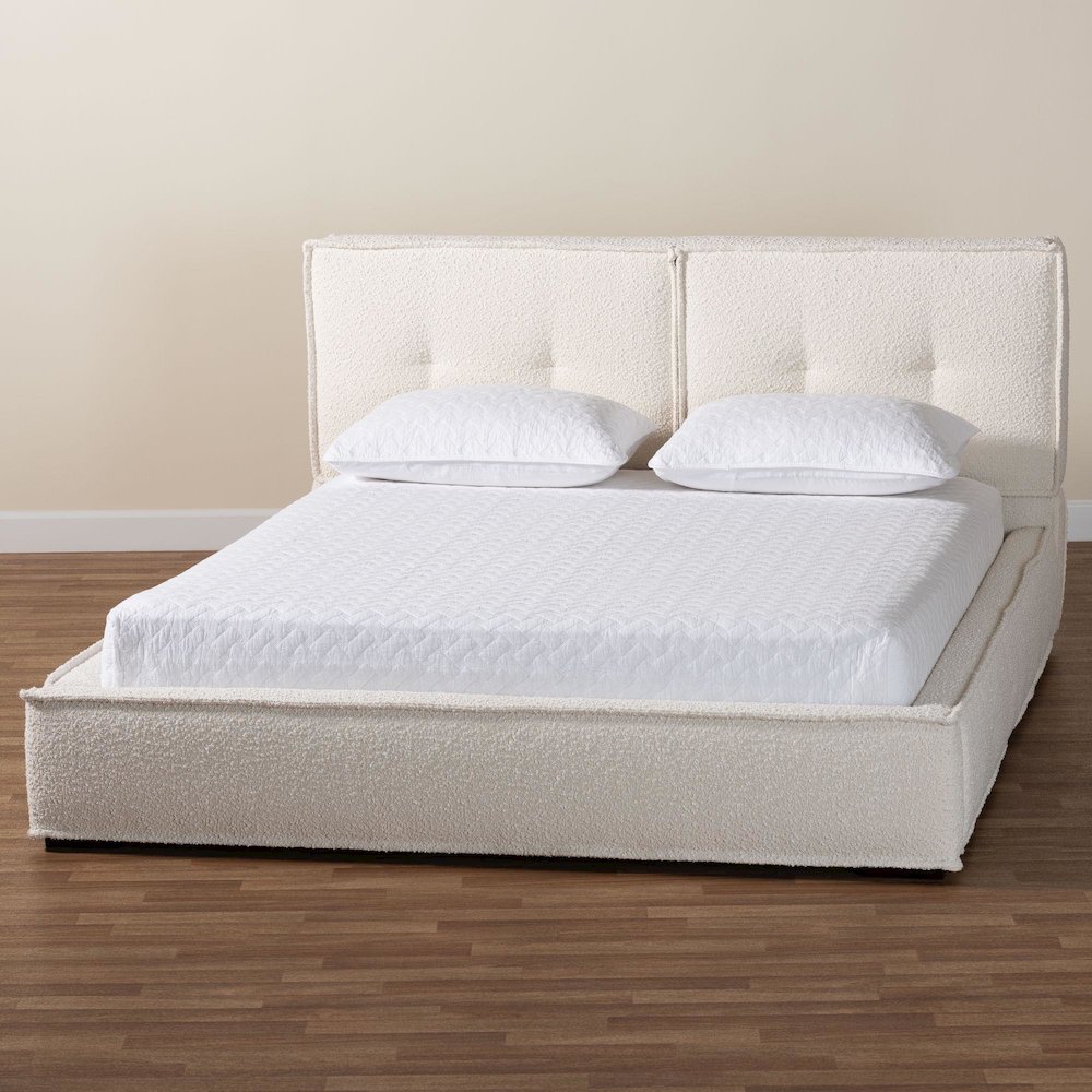 Laverick Modern Cream Boucle Queen Platform Bed with Border Piping. Picture 8