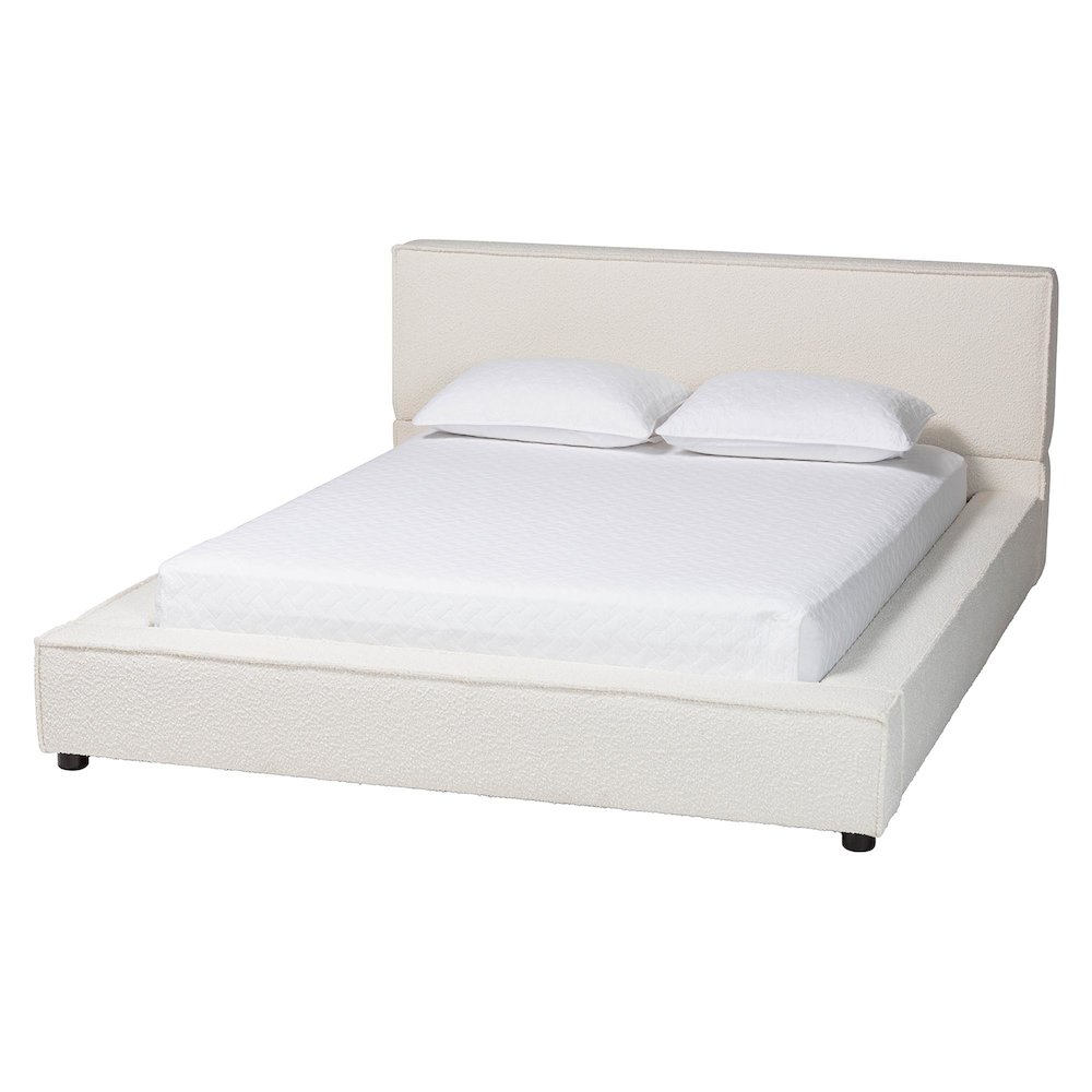 Bardia Modern Cream Boucle Queen Platform Bed with Wide Railing. Picture 1