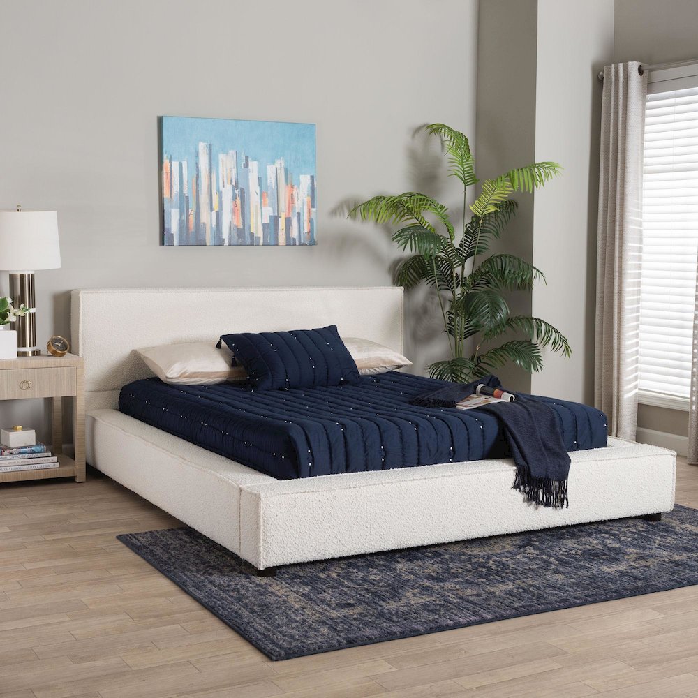Bardia Modern Cream Boucle Queen Platform Bed with Wide Railing. Picture 7