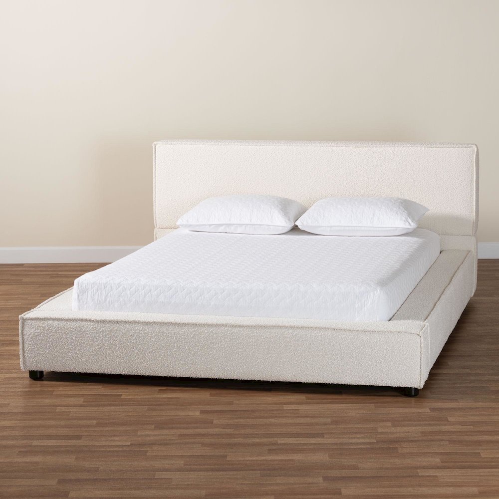 Bardia Modern Cream Boucle Queen Platform Bed with Wide Railing. Picture 8