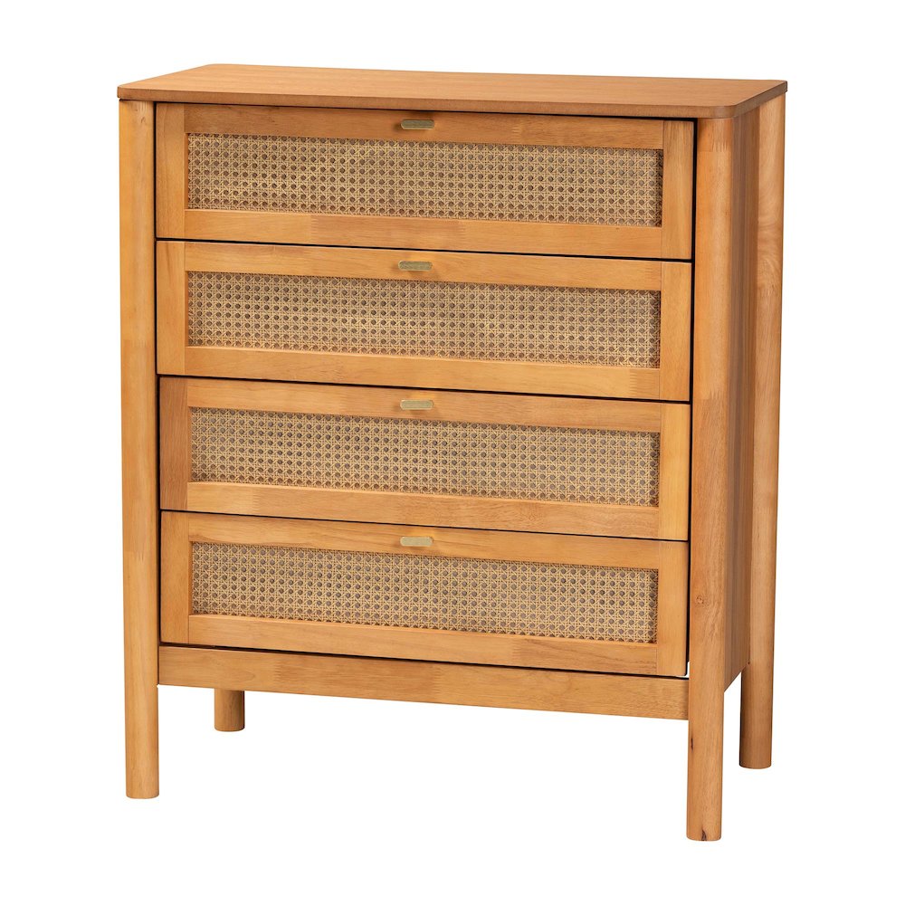 Jenn Golden Brown Wood Japandi 4-Drawer Chest with Distressed-Finished Rattan. Picture 1