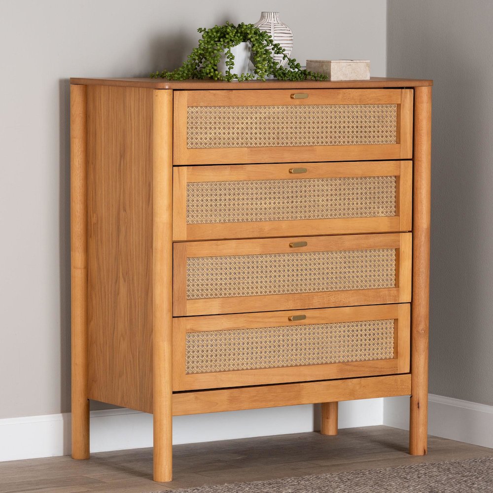 Jenn Golden Brown Wood Japandi 4-Drawer Chest with Distressed-Finished Rattan. Picture 8