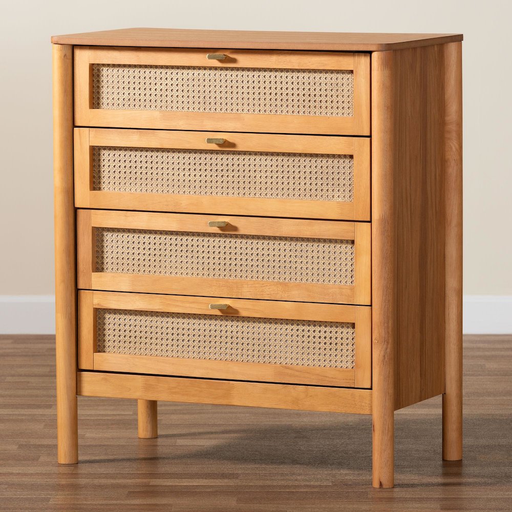 Jenn Golden Brown Wood Japandi 4-Drawer Chest with Distressed-Finished Rattan. Picture 9
