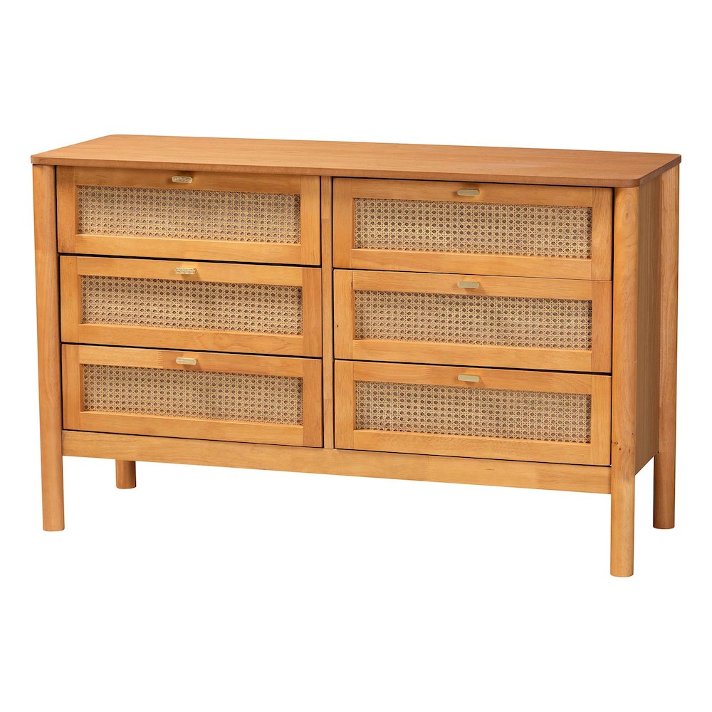 Jenn Golden Brown Wood Japandi 6-Drawer Dresser with Distressed-Finished Rattan. Picture 1