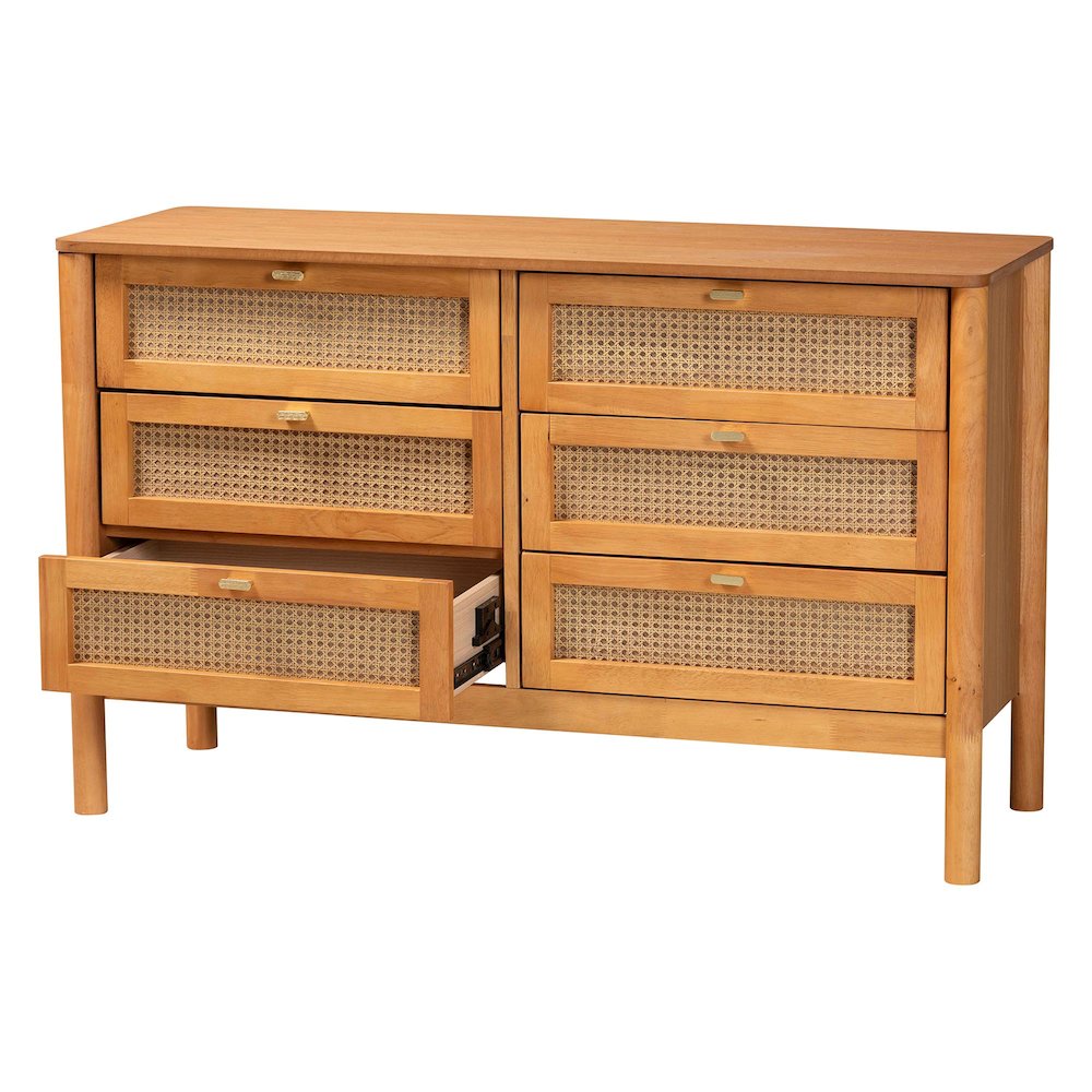 Jenn Golden Brown Wood Japandi 6-Drawer Dresser with Distressed-Finished Rattan. Picture 2