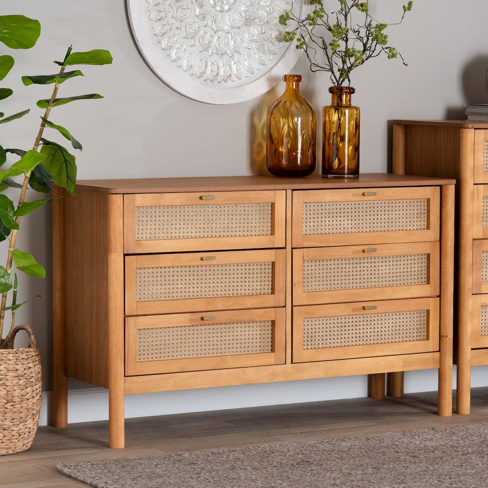 Jenn Golden Brown Wood Japandi 6-Drawer Dresser with Distressed-Finished Rattan. Picture 8