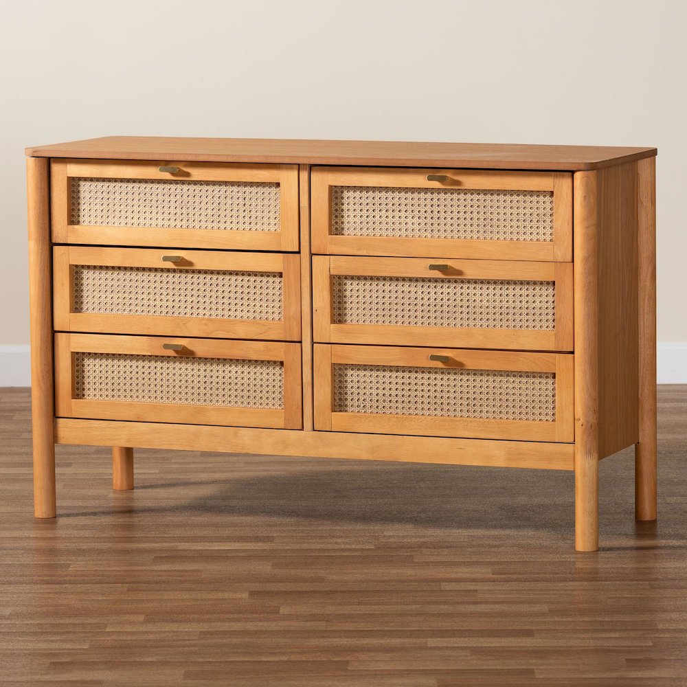 Jenn Golden Brown Wood Japandi 6-Drawer Dresser with Distressed-Finished Rattan. Picture 9