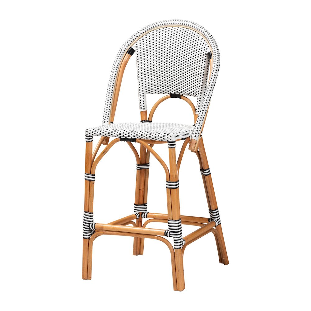 Two-Tone Black and White Weaving and Natural Rattan Bar Stool. Picture 1
