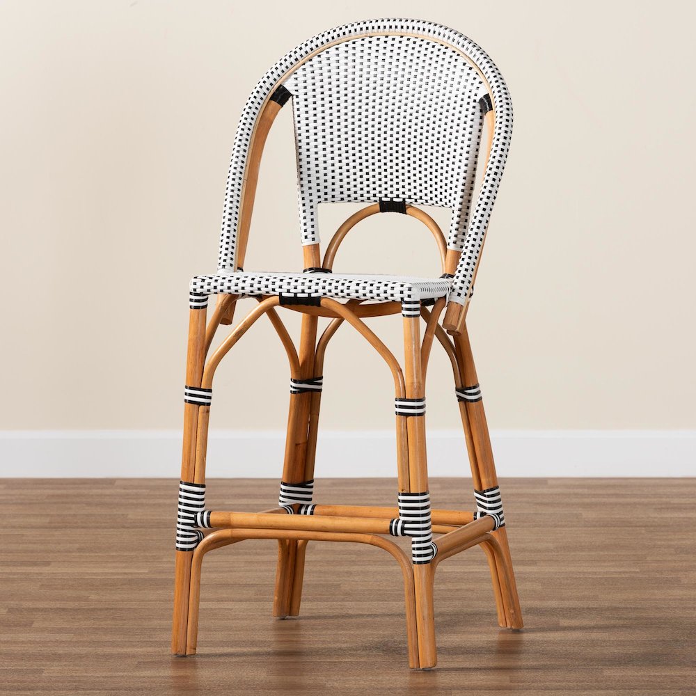 Two-Tone Black and White Weaving and Natural Rattan Bar Stool. Picture 9