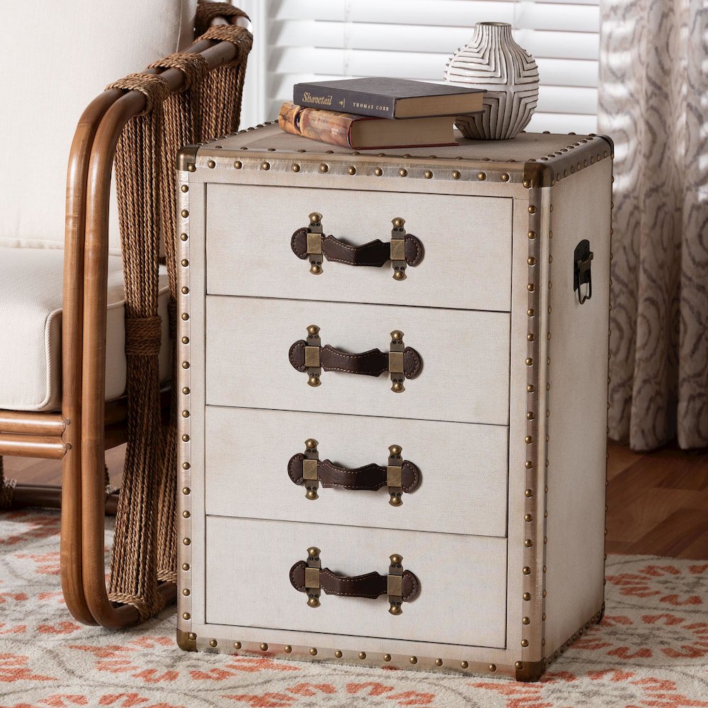 Studio Jaelyn Vintage Coffee Canvas 4-Drawer End Table. Picture 10