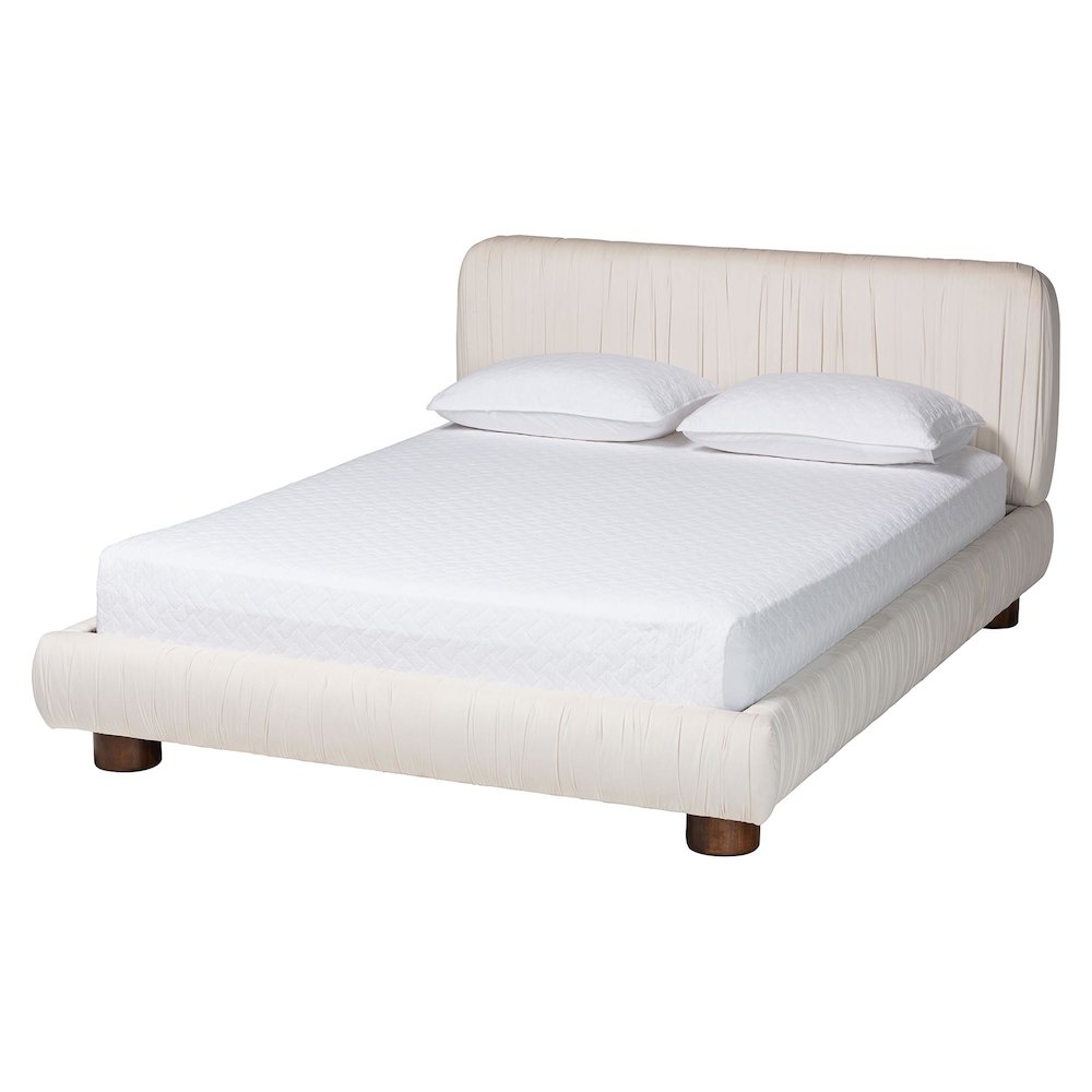 Emsley Luxe Ivory Pleated Velvet Queen Size Platform Bed. Picture 1