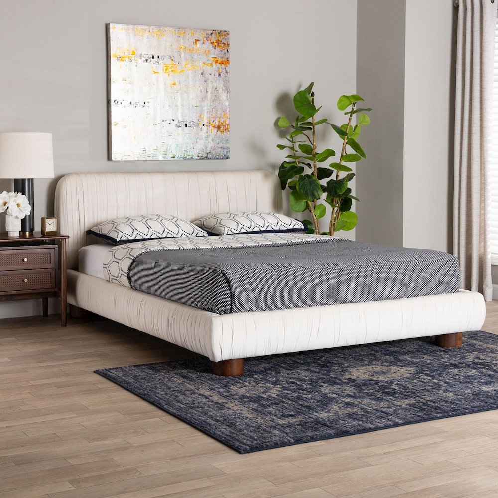 Emsley Luxe Ivory Pleated Velvet Queen Size Platform Bed. Picture 7