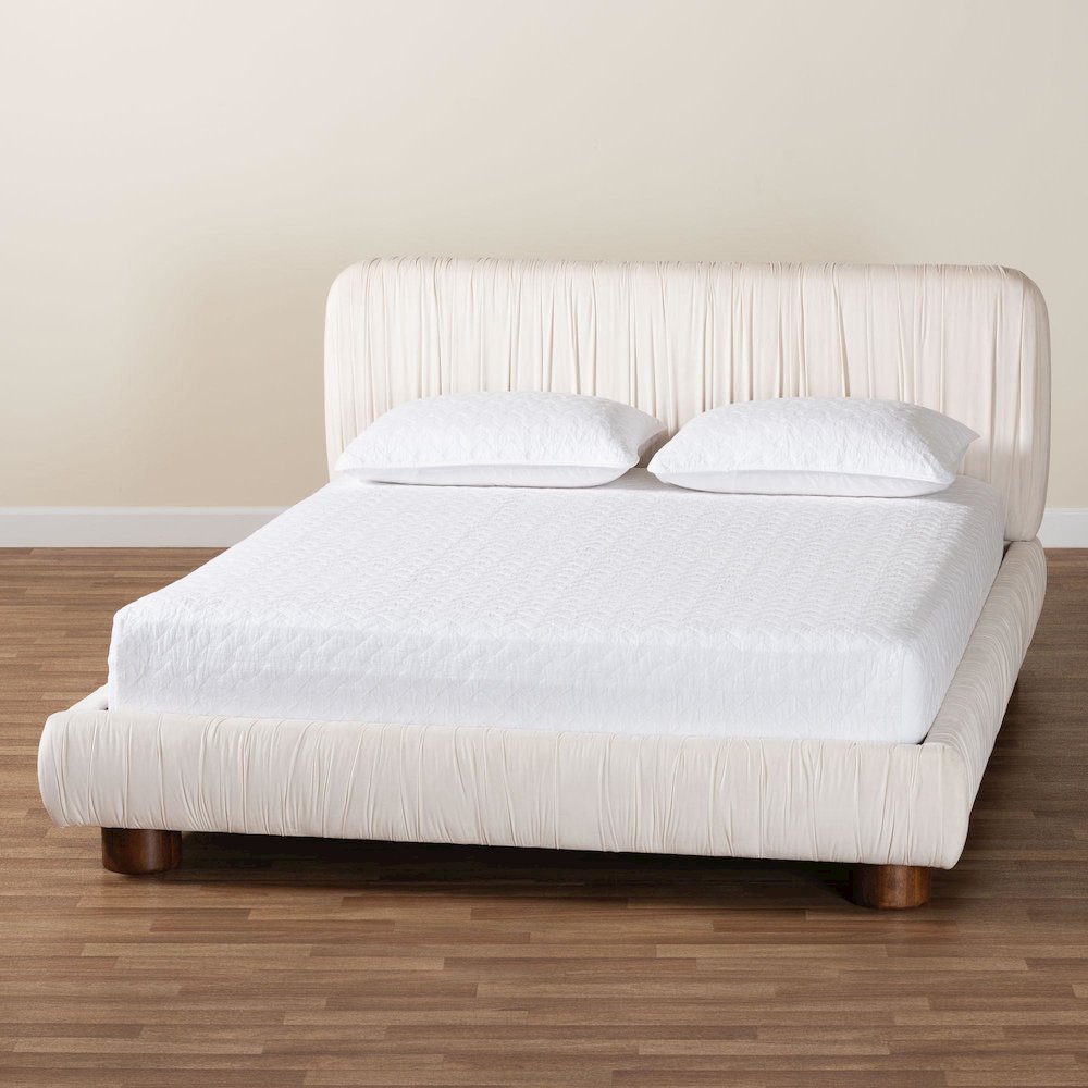 Emsley Luxe Ivory Pleated Velvet Queen Size Platform Bed. Picture 8