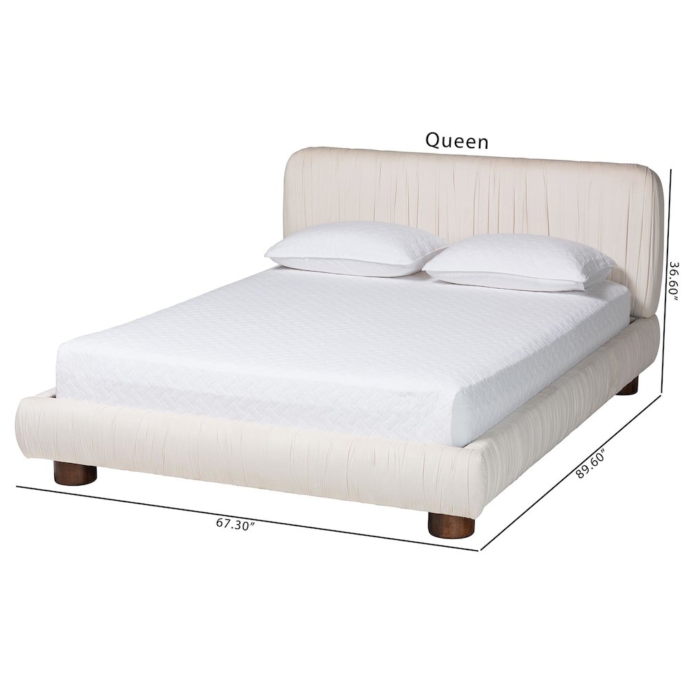 Emsley Luxe Ivory Pleated Velvet Queen Size Platform Bed. Picture 9