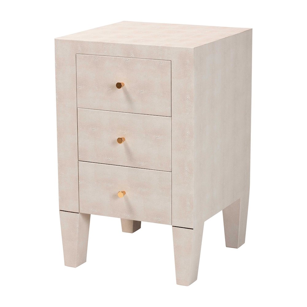 Leyna Modern Beige Faux Shagreen 3-Drawer End Table. Picture 1