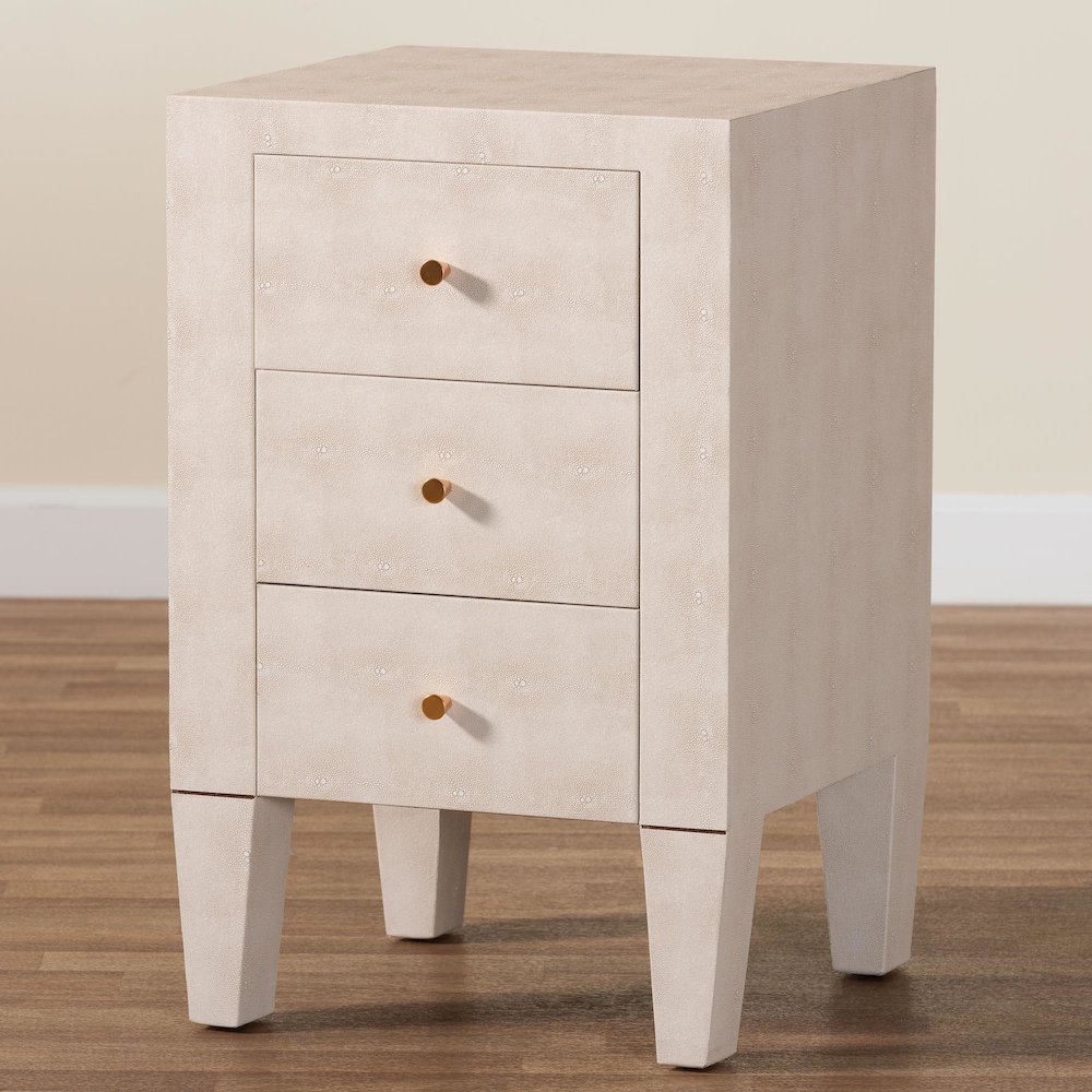 Leyna Modern Beige Faux Shagreen 3-Drawer End Table. Picture 10