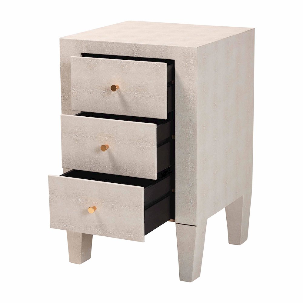 Leyna Modern Beige Faux Shagreen 3-Drawer End Table. Picture 2