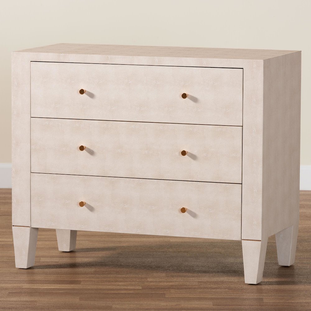 Leyna Modern Beige Faux Shagreen 3-Drawer Storage Cabinet. Picture 10