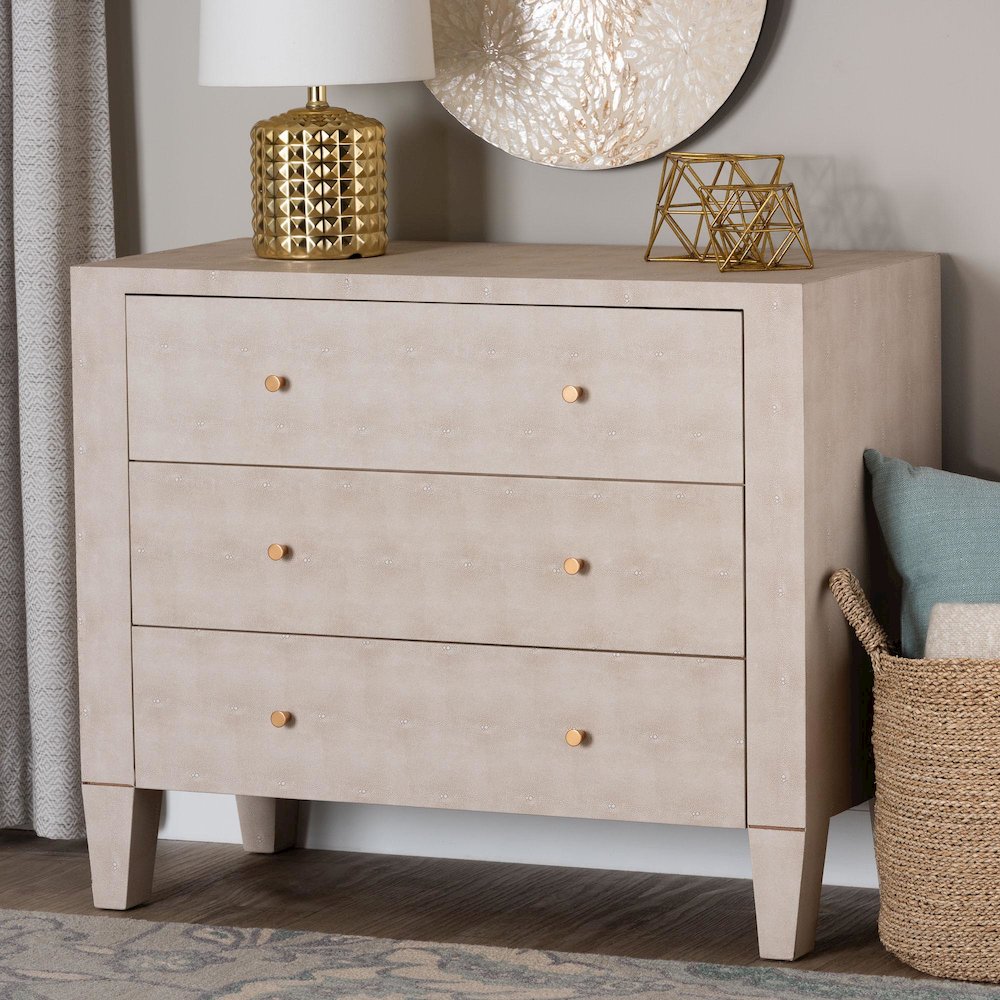 Leyna Modern Beige Faux Shagreen 3-Drawer Storage Cabinet. Picture 9