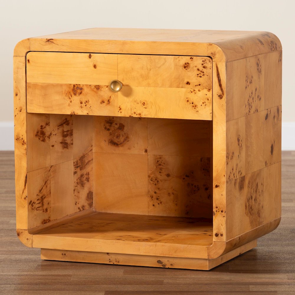 Netra Modern and  Natural Real Burl Wood 1-Drawer Nightstand. Picture 10