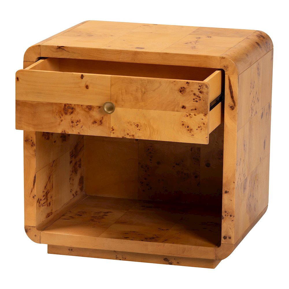 Netra Modern and  Natural Real Burl Wood 1-Drawer Nightstand. Picture 2