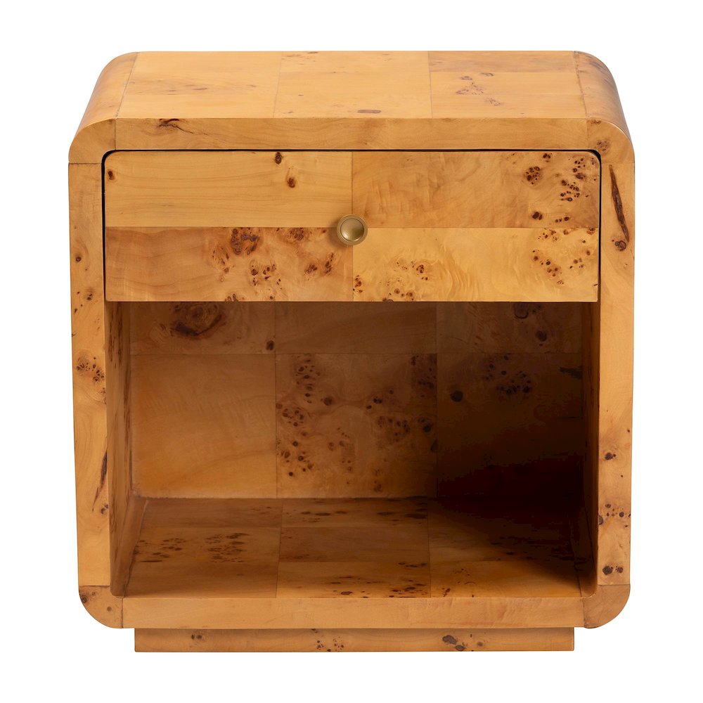 Netra Modern and  Natural Real Burl Wood 1-Drawer Nightstand. Picture 3