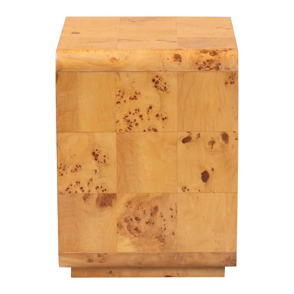 Netra Modern and  Natural Real Burl Wood 1-Drawer Nightstand. Picture 4