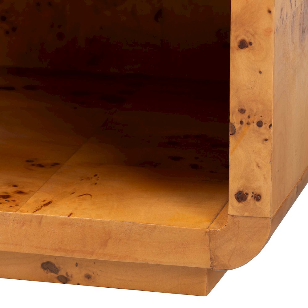 Netra Modern and  Natural Real Burl Wood 1-Drawer Nightstand. Picture 7